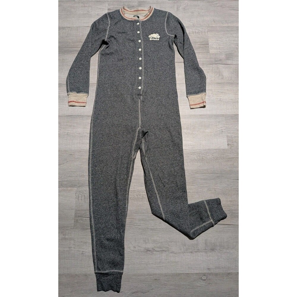 Roots Canada Women's One Piece Pajamas Sz Medium Gray Button Up Long Johns